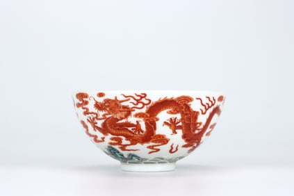 QING DYNASTY ALUM RED DRAGON BOWL