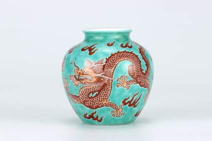QING DYNASTY TURQUOISE GREEN GLAZED DRAGON JAR
