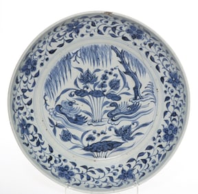 YUAN DYNASTY BLUE AND WHITE MANDARIN DUCK PATTERN PLATE