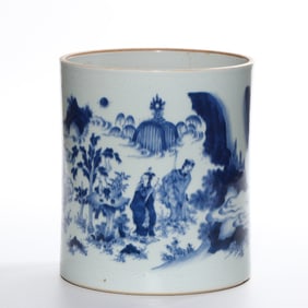 QING DYNASTY KANGXI BLUE AND WHITE FIGURE PEN HOLDER