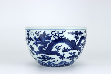 QIANLONG BLUE AND WHITE DRAGON VAT FROM QING DYNASTY
