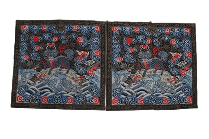 A PAIR OF QING DYNASTY EMBROIDERED PIECES WITH UNICORN DECORATION