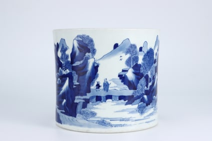 QING DYNASTY BLUE AND WHITE LANDSCAPE PEN HOLDER
