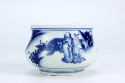 QING DYNASTY BLUE AND WHITE FIGURE INCENSE BURNER