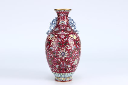 QING DYNASTY RED GLAZE PASTEL FLOWER PATTERN VASE