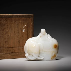 Carved Jade Boy and Elephant Ornament
