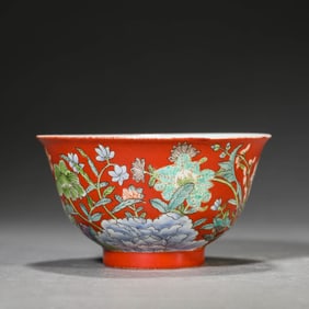 Coral-Red Glaze Famille Rose Flower Bowl