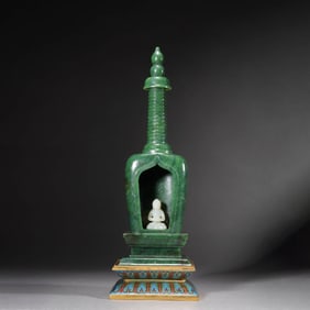 Spinach-Green Jade Shrine with White Jade Amitayus Statue