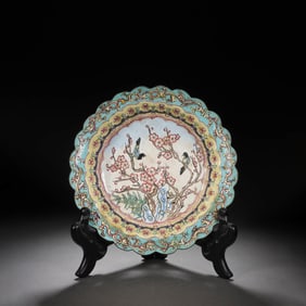 Enamel Bronze Magpie and Prunus Dish