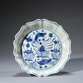 Blue and White Carp and Algae Barbed-Rim Dish