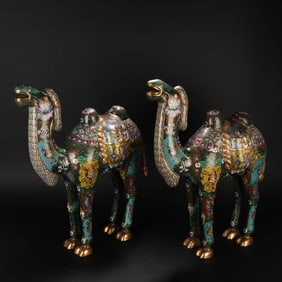 Pair of Cloisonne Enamel Bacteria Camel Statues