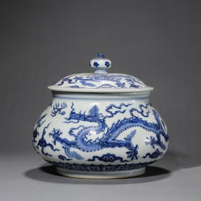 Blue and White Dragon Covered Jar