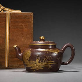 Zhou Jishan Mark Zisha Gilt-Inlaid Landscape Pot