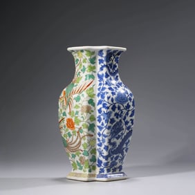 Blue and White Famille Rose Dragon and Phoenix Conjoined Double-vase
