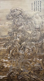 Tang Yin mark, Chinese Landscape painting, Ink and Color on Silk, Hanging Scroll