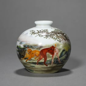 Enamel Glaze Two Hounds Ovoid Vase