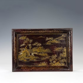 Gold Painted Lacquer Landscape Square Tray