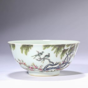 Famille Rose Flower and Bird Inscribed Bowl