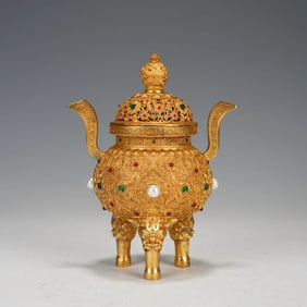 Gems Inlaid Gilt Bronze Dragon Tripod Censer