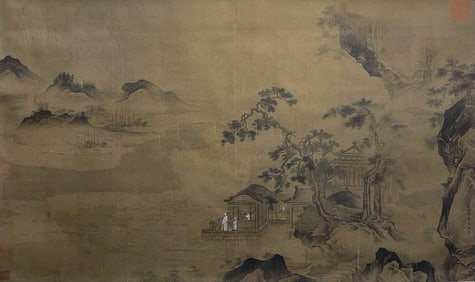 Qiu Ying mark, Chinese Landscape painting, Ink and Color on Silk, Hanging Scroll