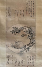 Jiang Pu mark, Chinese Rabbit painting, Ink on Silk, Hanging Scroll