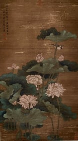Jiang Tingxi mark, Chinese Lotus Pond painting, Ink on Silk, Hanging Scroll