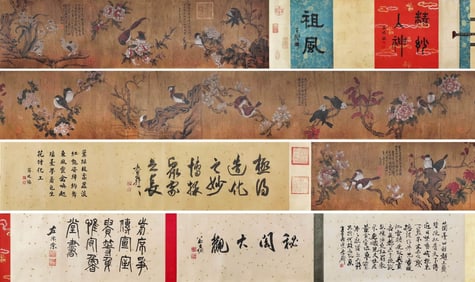 Xu Chongji mark, Chinese Flower and Bird painting, Ink and Color on Silk, Hand Scroll