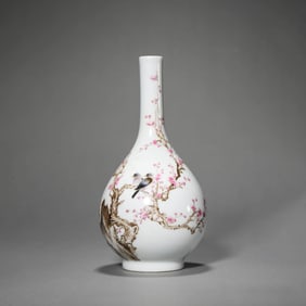 Famille Rose Magpie and Prunus Bottle Vase