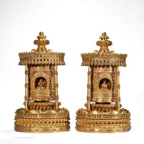 Pair of Gilt Bronze Tibetan Style Prayer Wheels