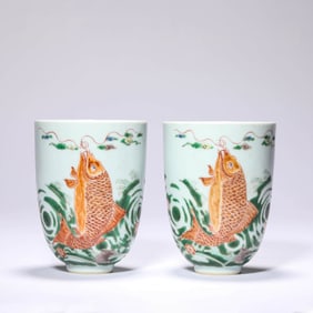 Pair of Wucai Glaze Carp Cups
