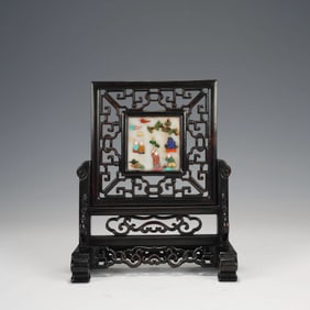 Hardstone Inlaid Sandalwood Table Screen
