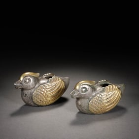 Pair of Silver Gilding Quail Statues