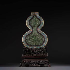 Cloisonne Enamel Inlaid Spinach-Green Jade Daji Double-Gourd-Shaped Vase