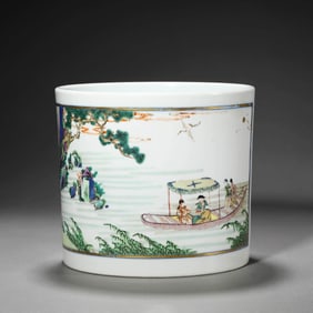 Wucai and Underglaze Blue Figure Story Brush Pot