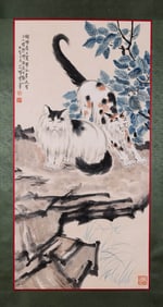 Xu Beihong mark, Chinese Cats painting, Ink and Color on Paper, Hanging Scroll