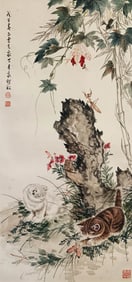 Cao Kejia mark, Chinese Cats painting, Ink and Color on Paper, Hanging Scroll