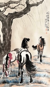 Xu Beihong mark, Chinese Horse painting, Ink and Color on Paper, Hanging Scroll