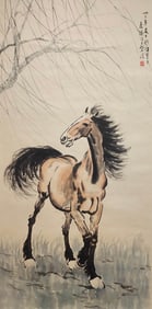 Xu Beihong mark, Chinese Horse painting, Ink and Color on Paper, Hanging Scroll