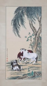 Ma Jin mark, Chinese Horse painting, Ink and Color on Paper, Hanging Scroll