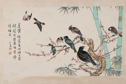 Ma Jin mark, Chinese Magpie painting, Ink and Color on Paper, Hanging Scroll