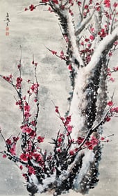 Wang Xuetao mark, Chinese Prunus painting, Ink and Color on Paper, Hanging Scroll