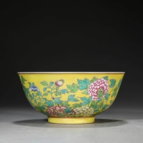 Yellow Ground Famille Rose Flower Bowl