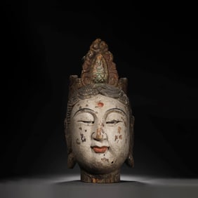 Carved Wood Painted Head Of Bodhisattva