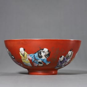 Coral-Red Glaze Boy Playing Bowl