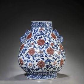 Copper Red Glaze and Underglaze Blue Lotus Zun