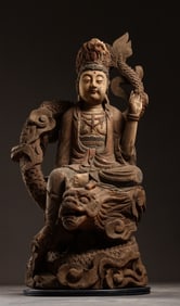 Liao Dynasty Carved Wooden Statue Of Guanyin Riding A Dragon