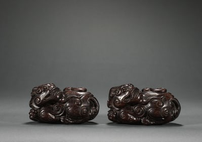 Qing Dynasty A Pair of Sandalwood Auspicious Beasts