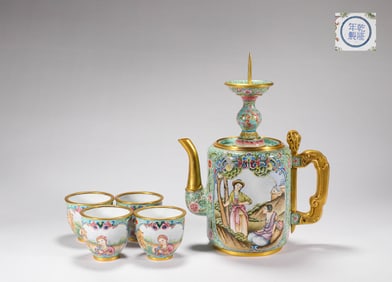 A Set of Qing Dynasty Court Enamel Painted Wine Pot
