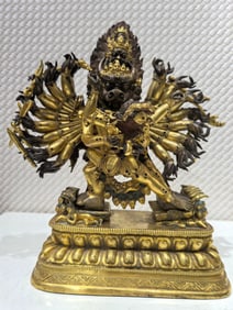 A QING DYNASTY GILDED BRONZE STATUE OF YAMANTAKA