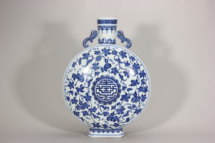 QING DYNASTY BLUE AND WHITE FLAT VASE